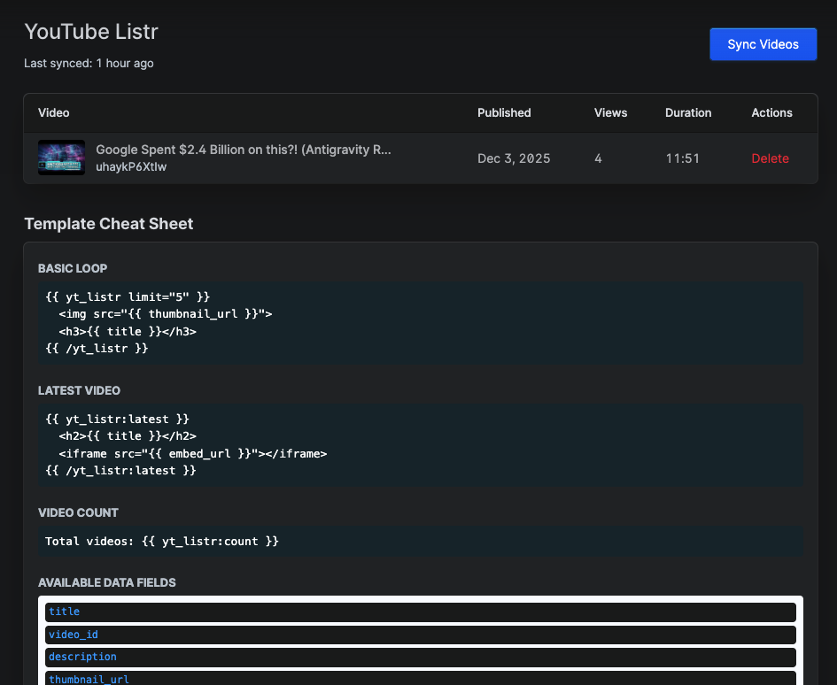 Statamic YTList Preview - YouTube playlist management interface
